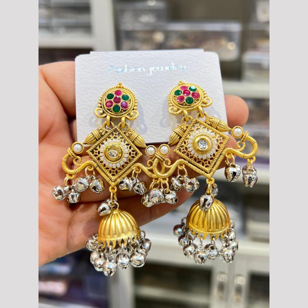 Hira Collections Elegant Dual Finish Pota Stone And Ghungroo Jhumki Earrings