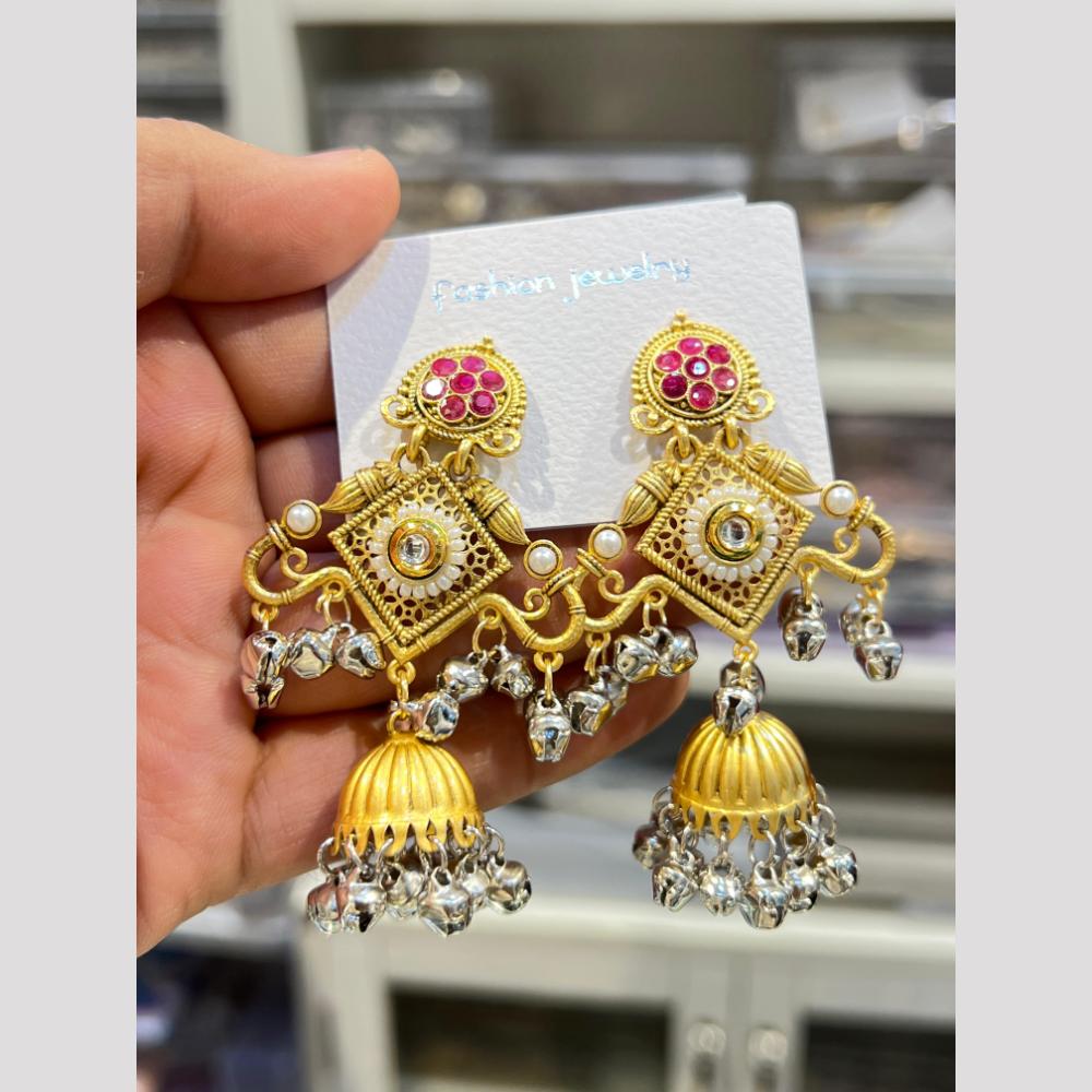 Hira Collections Elegant Dual Finish Pota Stone And Ghungroo Jhumki Earrings