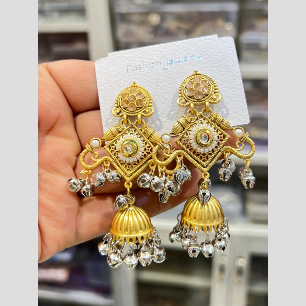 Hira Collections Elegant Dual Finish Pota Stone And Ghungroo Jhumki Earrings