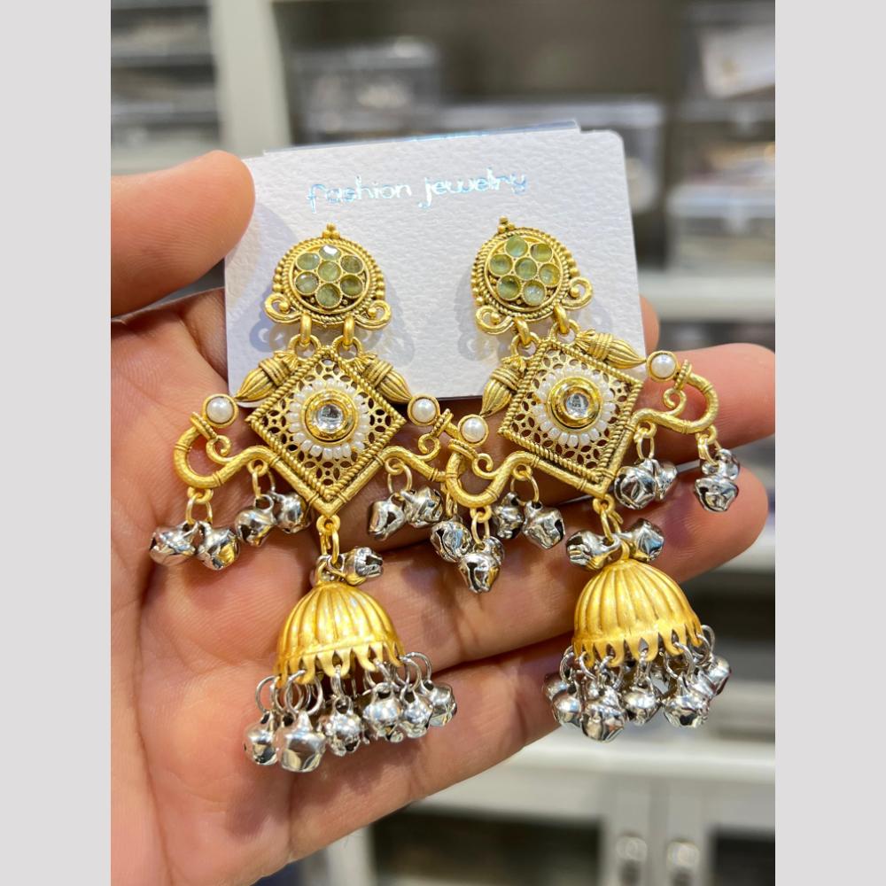 Hira Collections Elegant Dual Finish Pota Stone And Ghungroo Jhumki Earrings