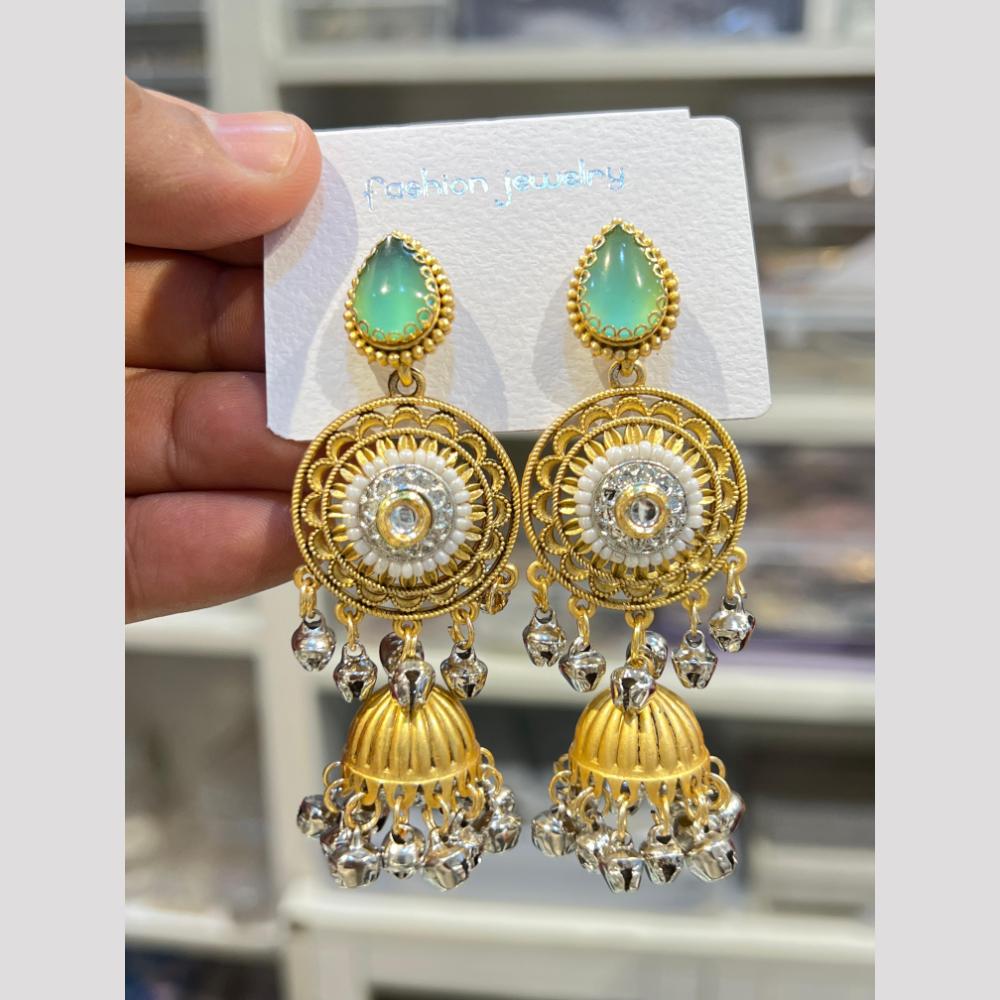 Hira Collections Elegant Dual Finish Pota Stone And Ghungroo Jhumki Earrings