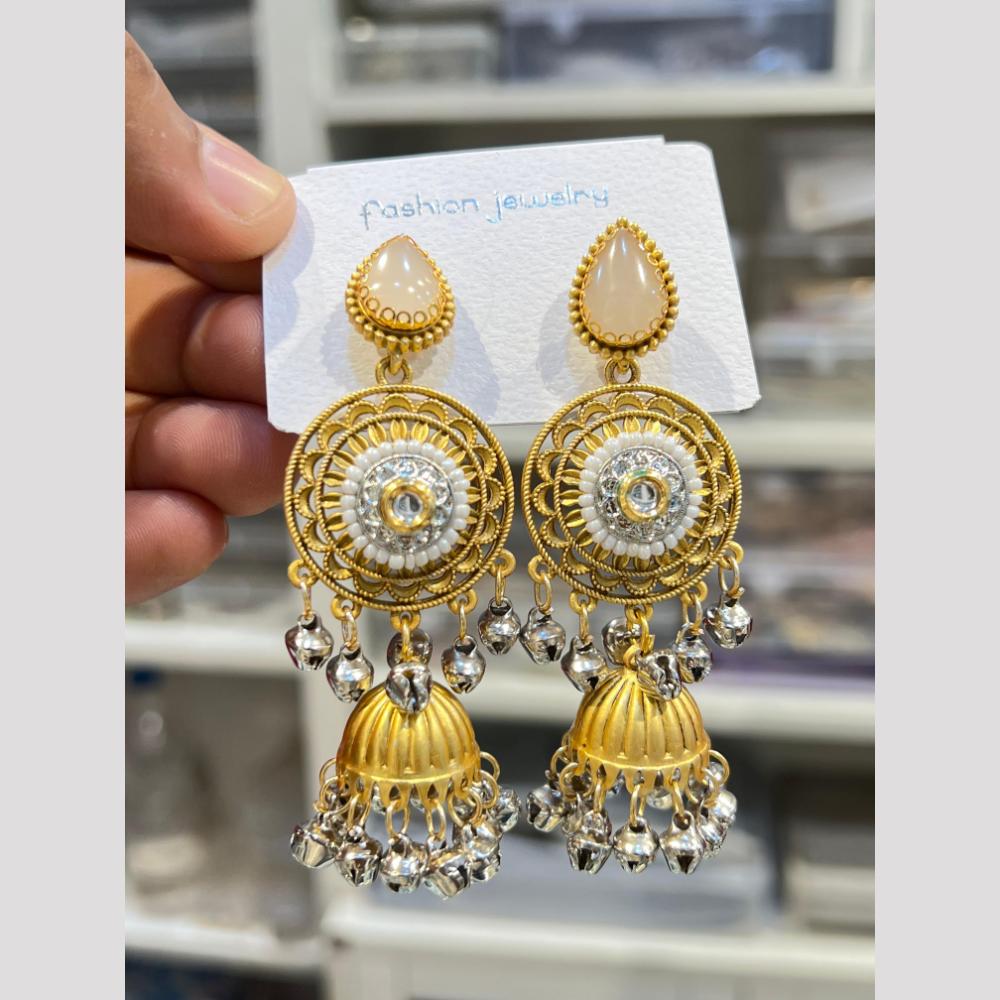 Hira Collections Elegant Dual Finish Pota Stone And Ghungroo Jhumki Earrings