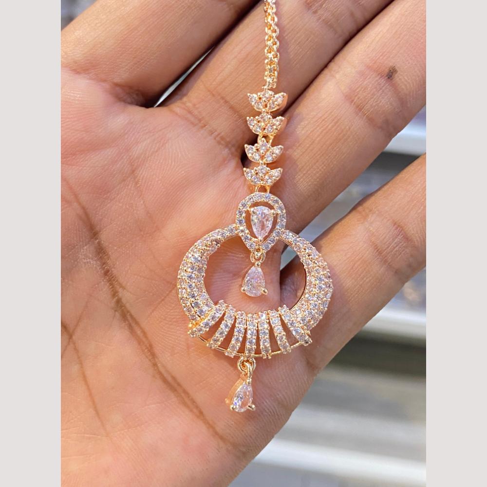 Hira Collections Elegant Rose Gold Plated American Diamond Maang Tikka with Dangling Drops