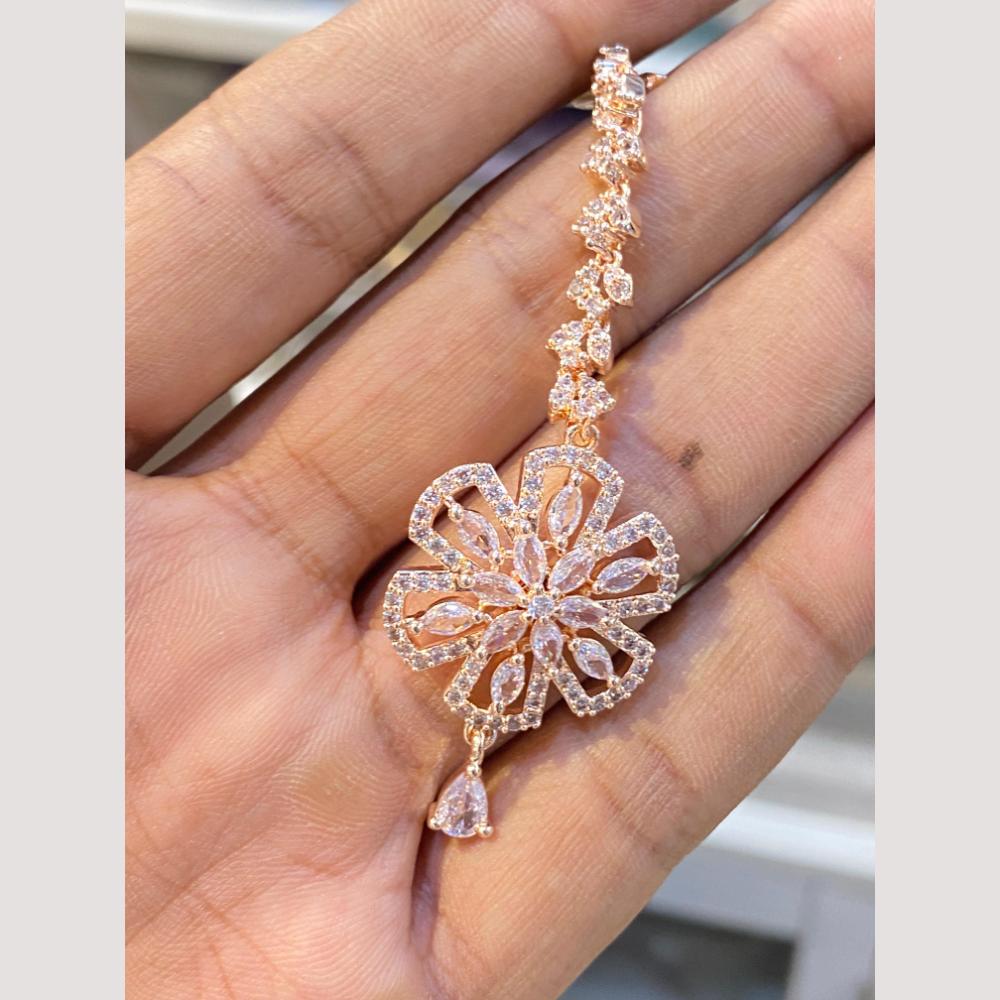Hira Collections Elegant Rose Gold Plated American Diamond Maang Tikka with Dangling Drops