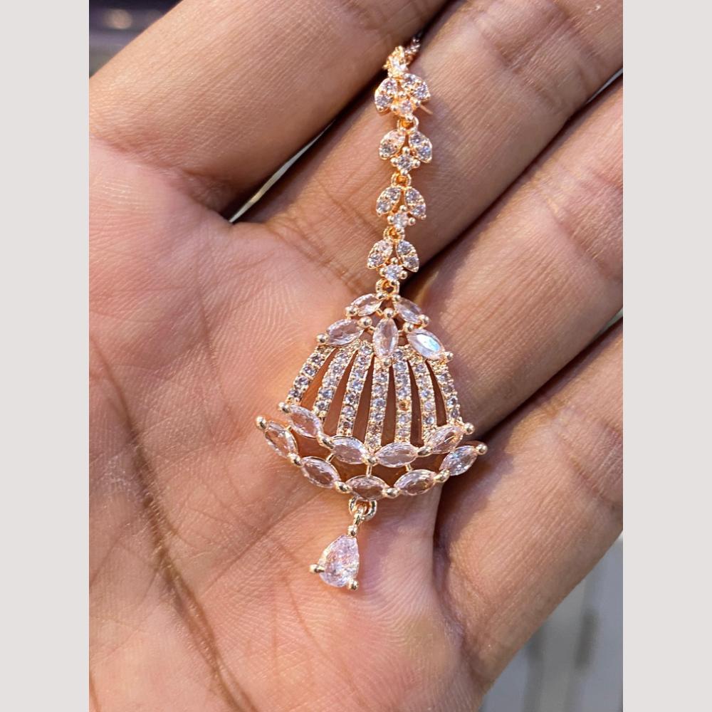 Hira Collections Elegant Rose Gold Plated American Diamond Maang Tikka with Dangling Drops