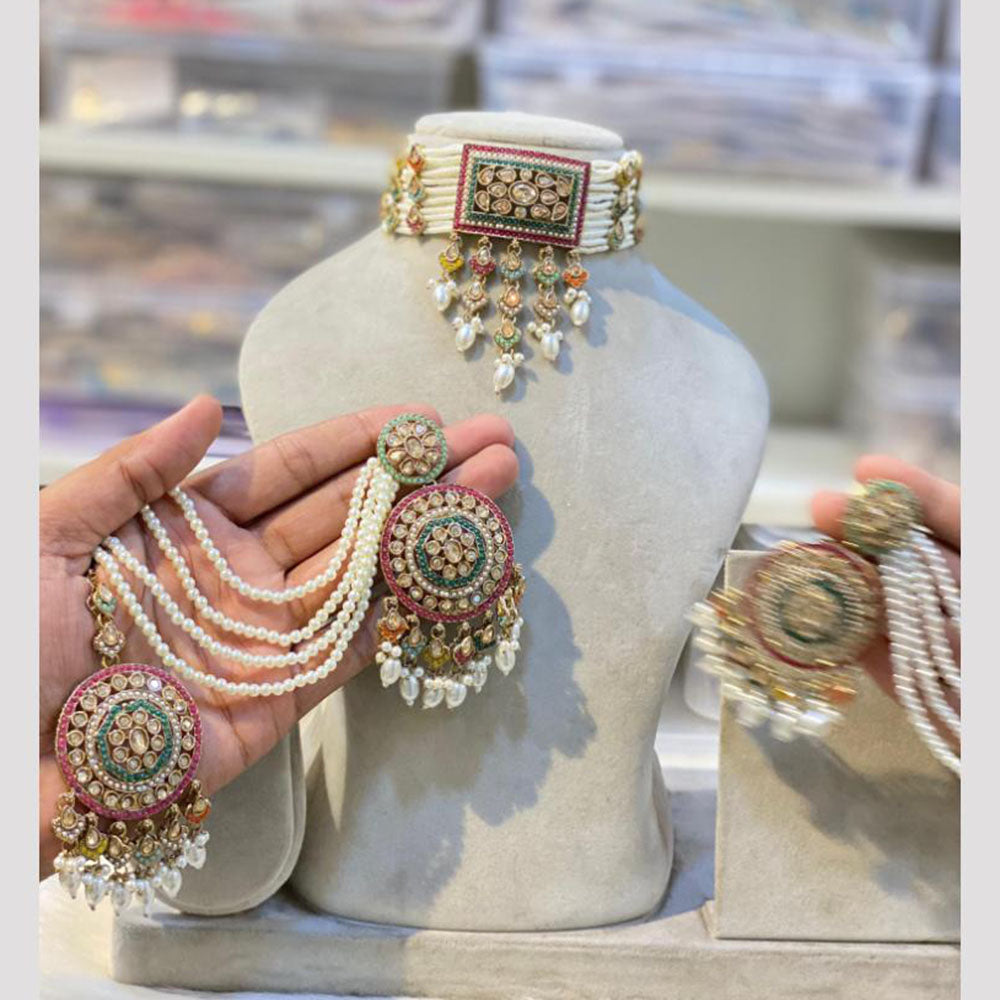 Hira Collections Graceful Crystal Stone And Pearl Choker Necklace Set