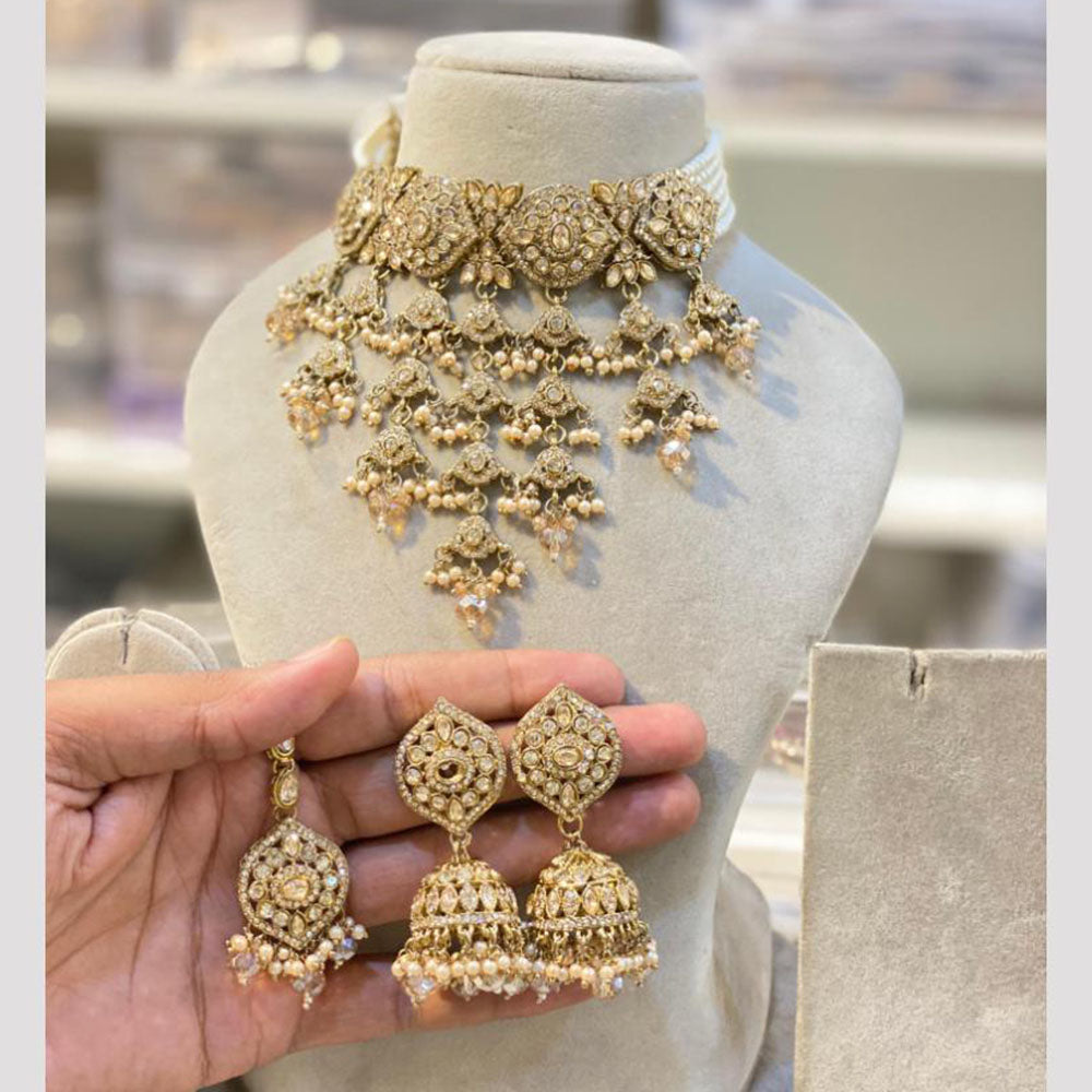 Hira Collections Graceful Crystal Stone And Pearl Choker Necklace Set