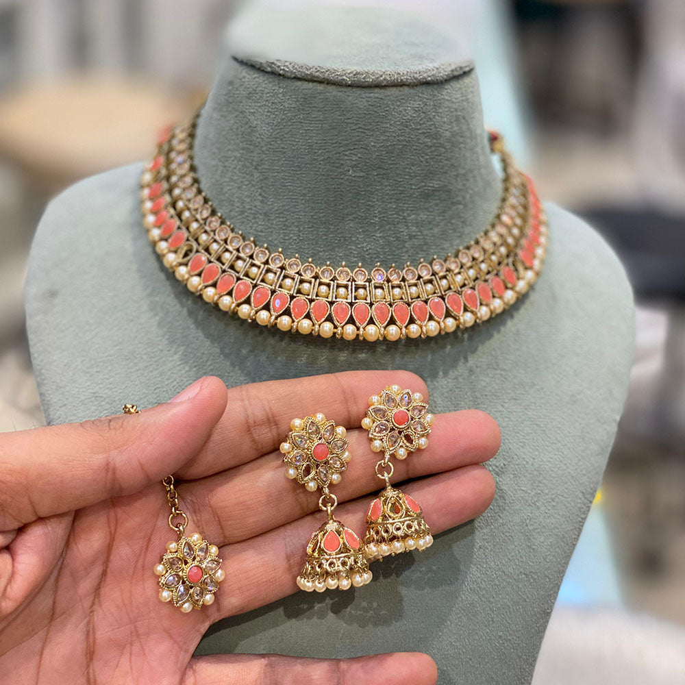 Hira Collection Stunning Gold Plated Crystal Stone and Pearl Necklace Set for All Occassions