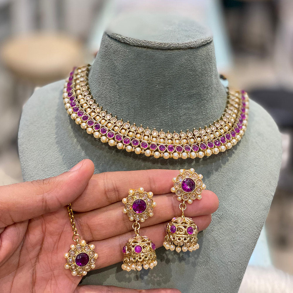 Hira Collection Stunning Gold Plated Crystal Stone and Pearl Necklace Set for All Occassions