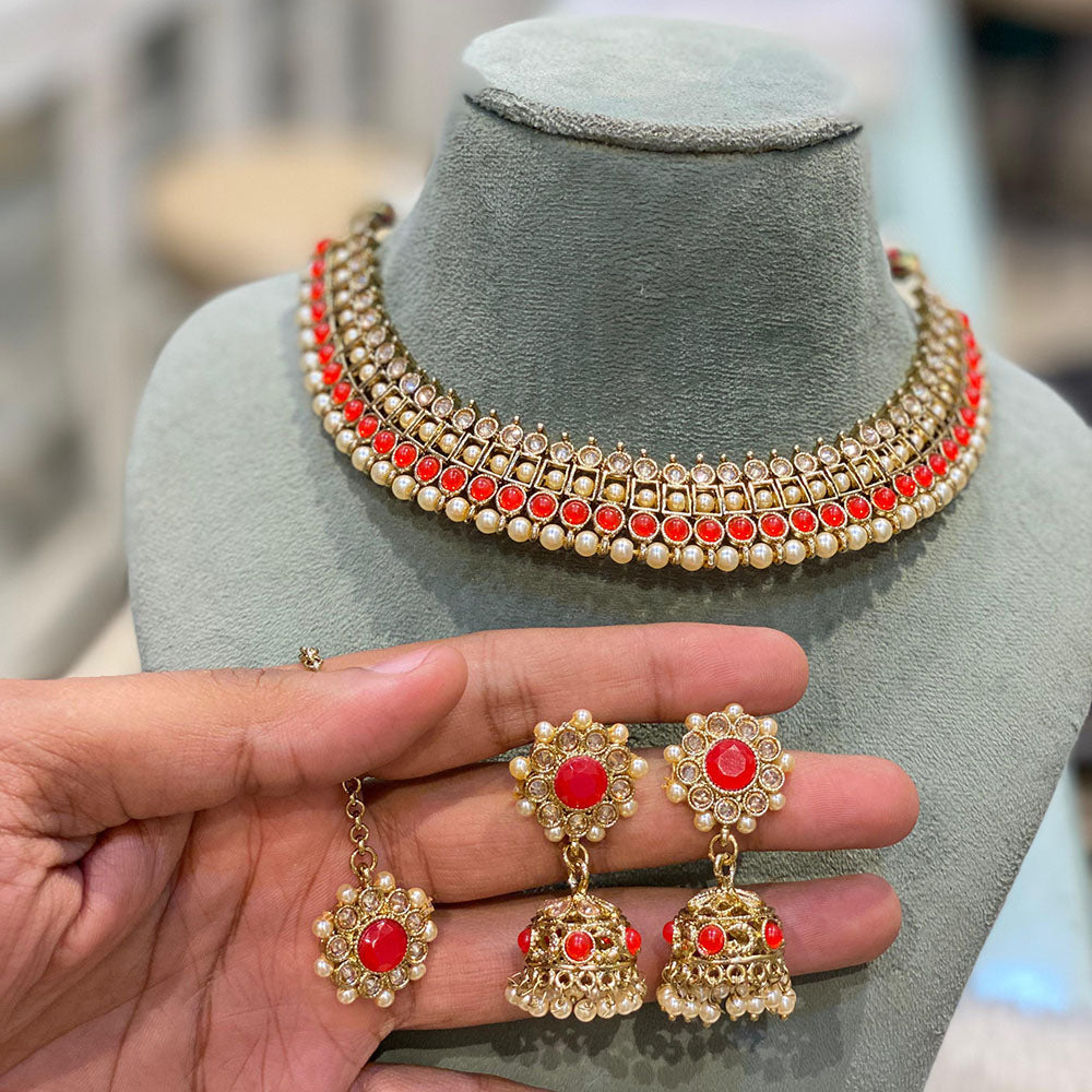 Hira Collection Stunning Gold Plated Crystal Stone and Pearl Necklace Set for All Occassions