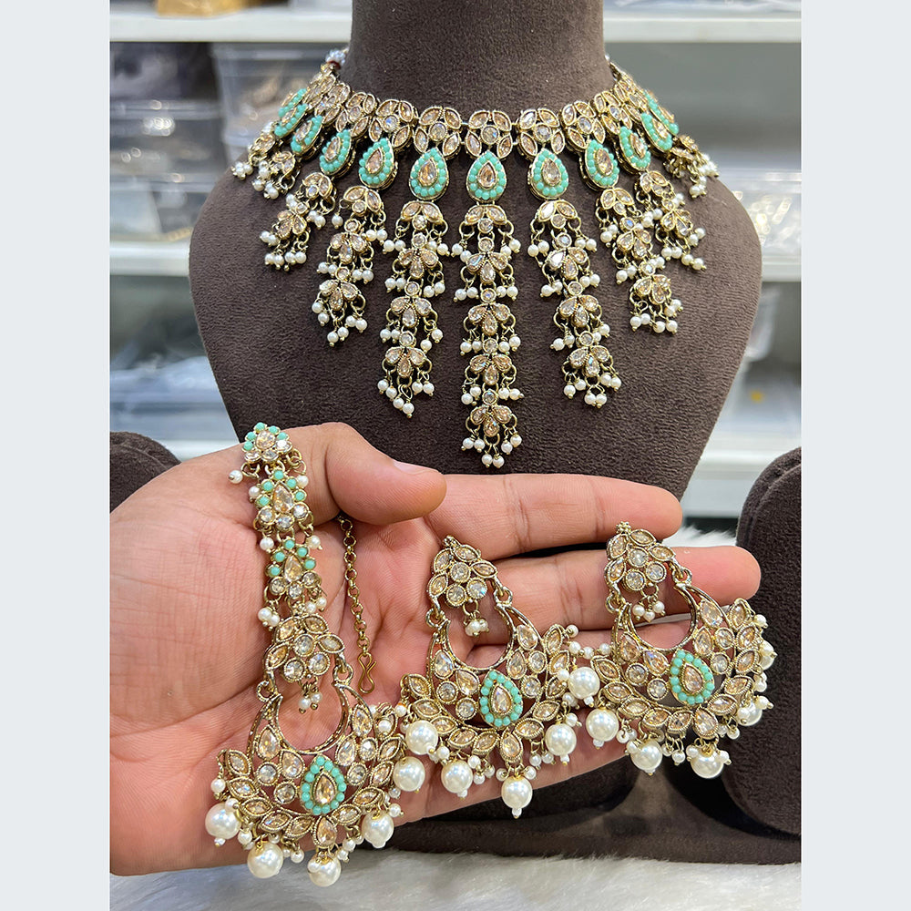 Hira Collections Luxurious Crystal And Beads Pearl Ensemble Choker Necklace Set