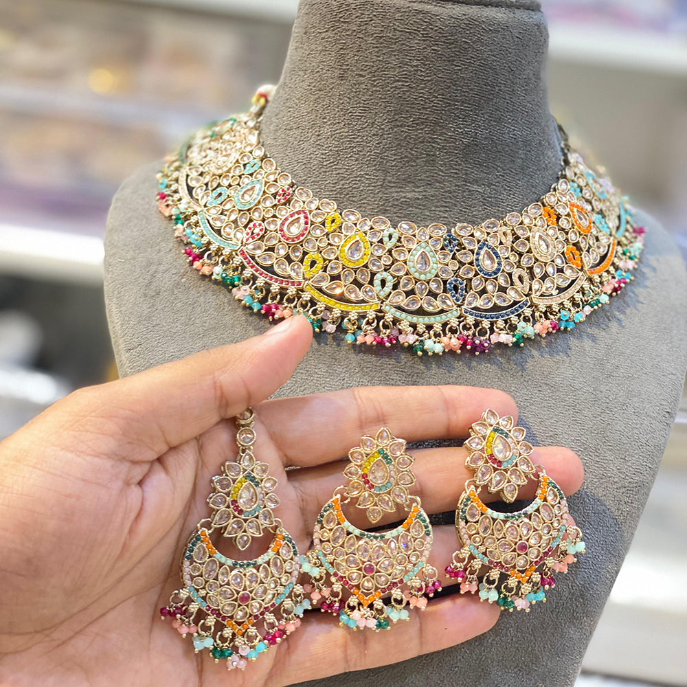 Hira Collections Luxurious Crystal And Beads Pearl Ensemble Necklace Set