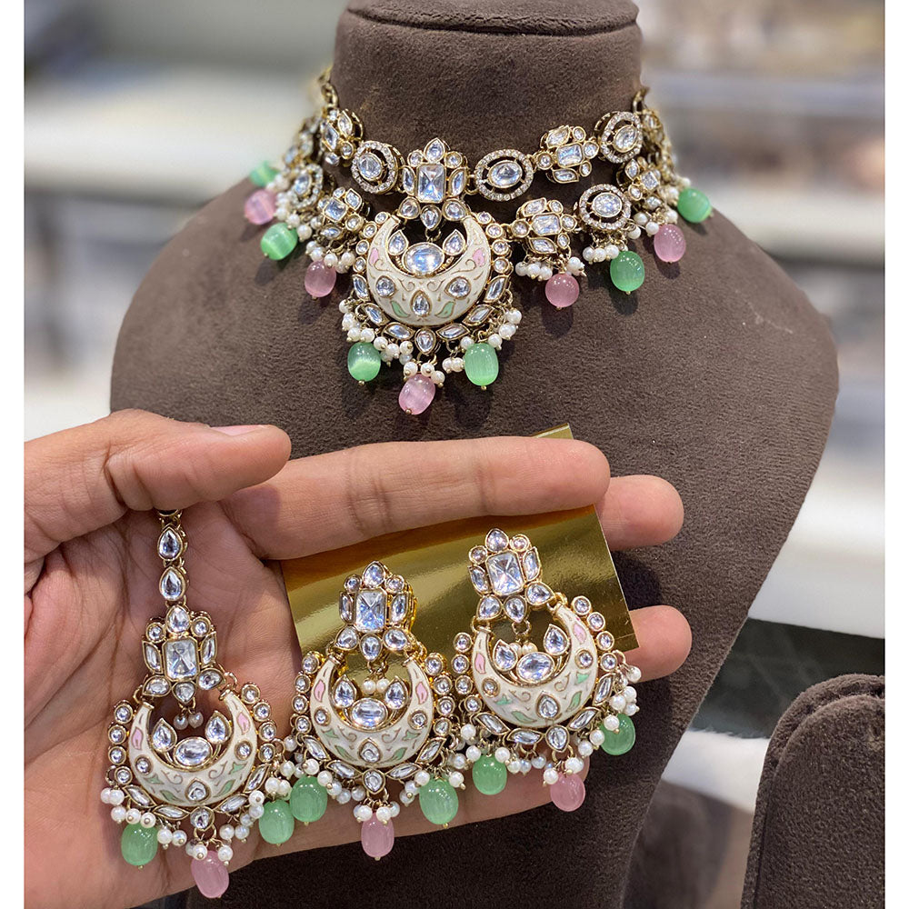 Hira Collections Luxury Kundan Stone Pearl And Beads Meenakari Choker Necklace Set