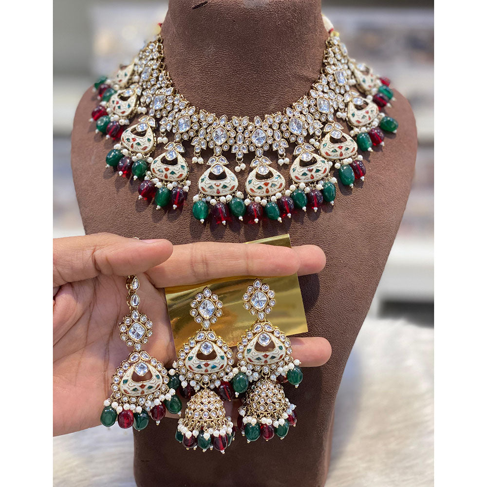 Hira Collections Luxury Kundan Stone Pearl And Beads Meenakari Choker Necklace Set