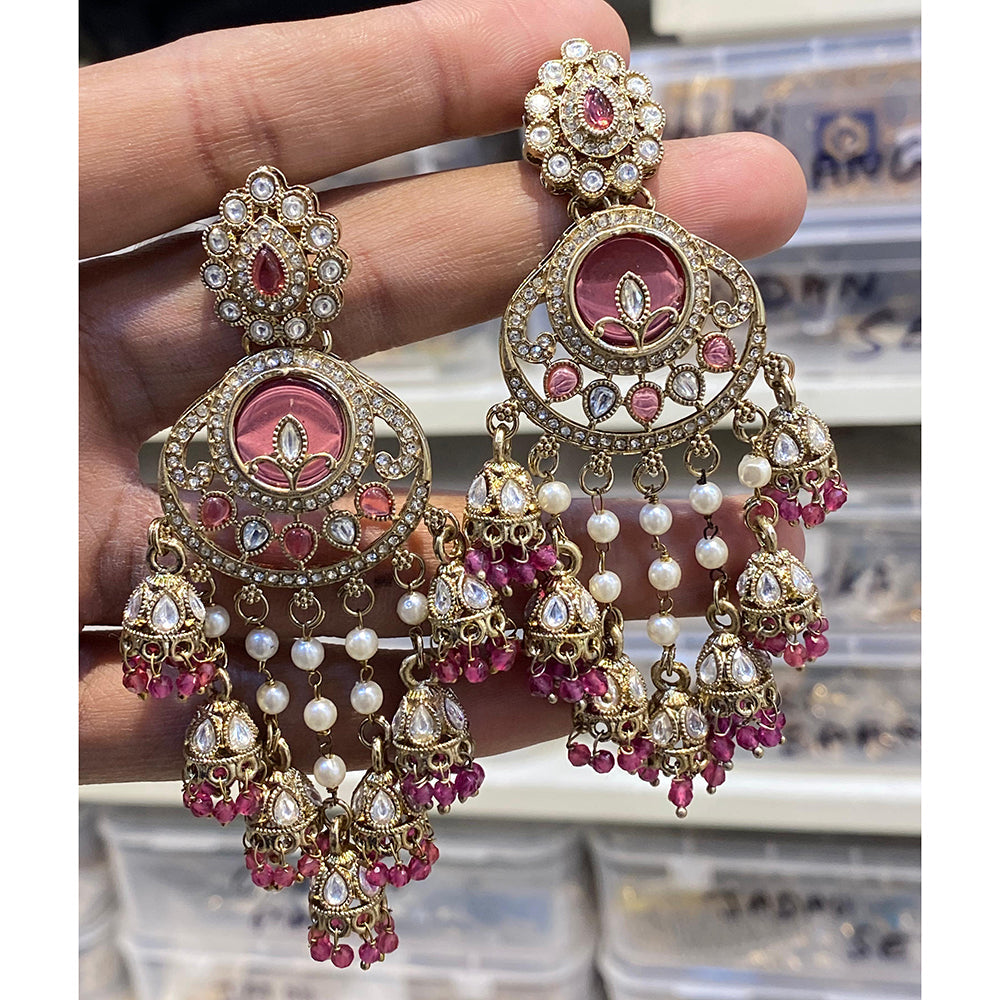 Hira Collections Designer Pota Stone And Pearl Statement Jhumki Earrings