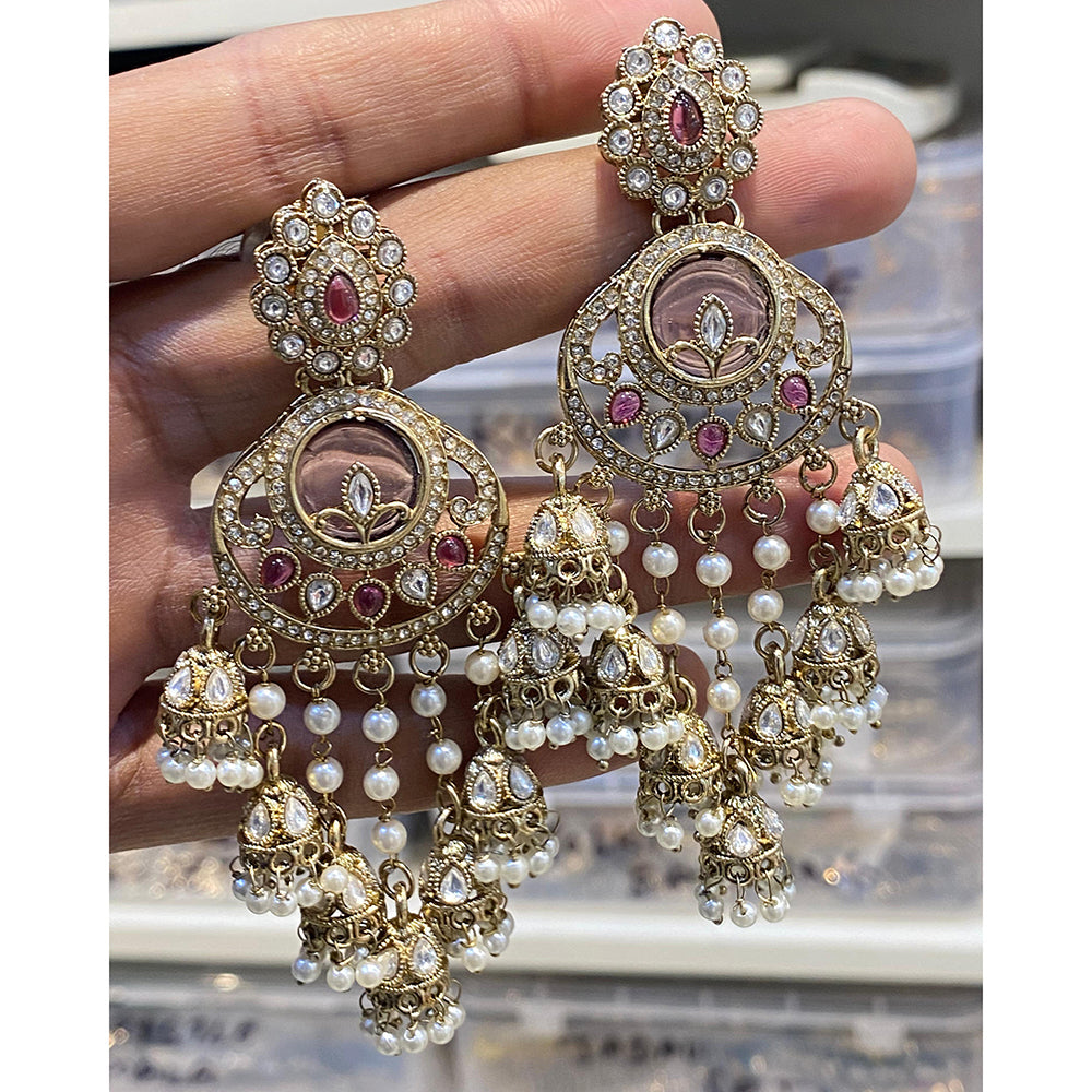 Hira Collections Designer Pota Stone And Pearl Statement Jhumki Earrings