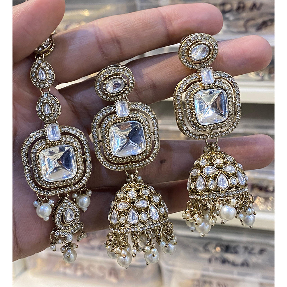 Hira Collections Designer Pota Stone And Beads Jhumki Earrings With Maangtikka