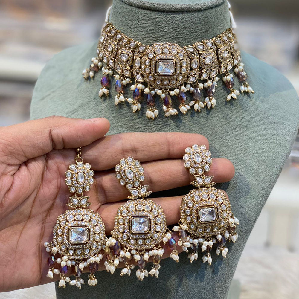Hira Collections Elegant Pota Stone And Austrian Stone Pearl Choker Necklace Set