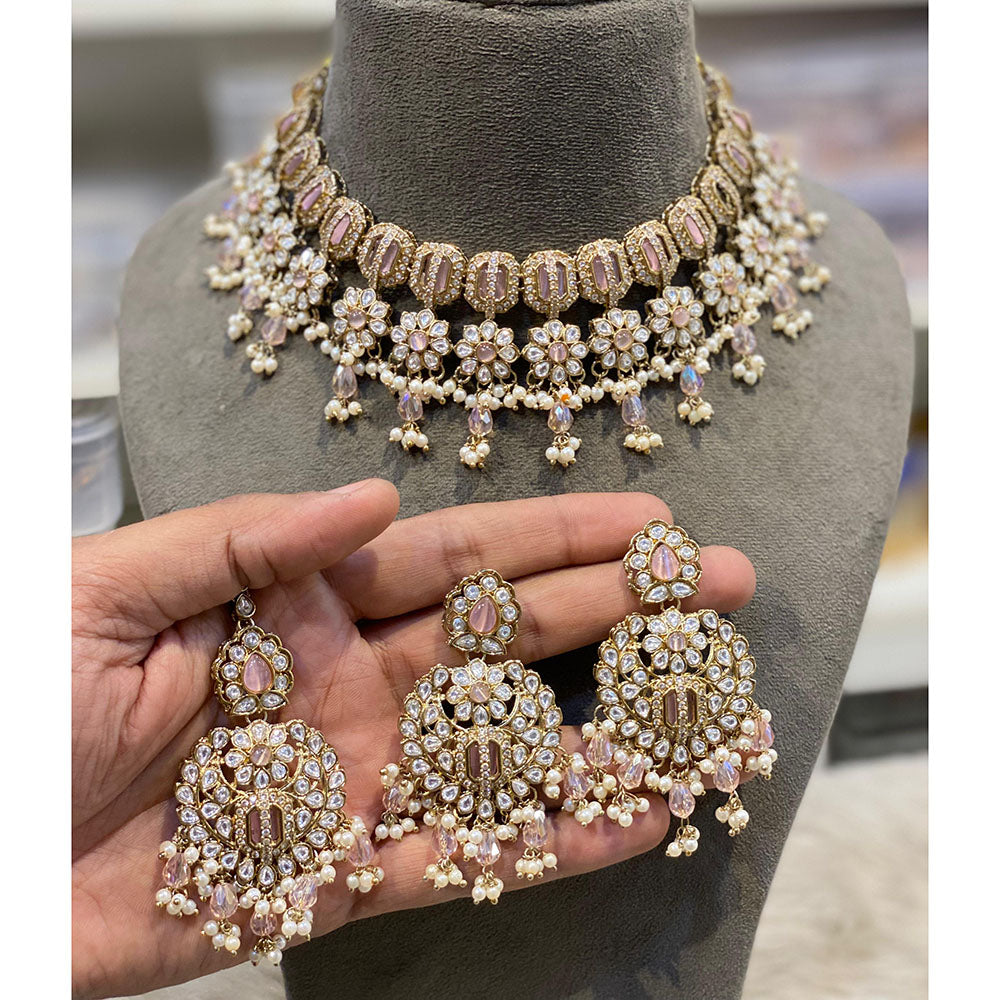 Hira Collections Elegant Pota Stone And Austrian Stone Pearl Choker Necklace Set
