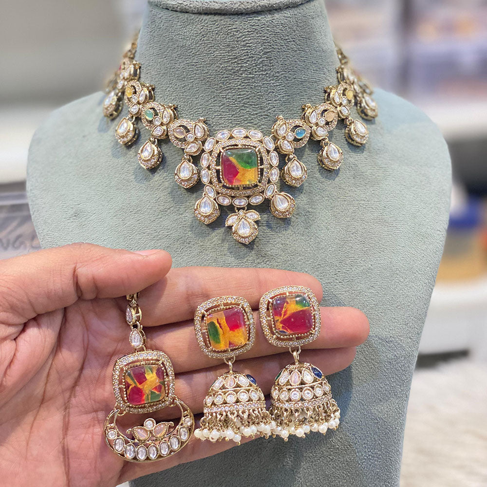 Hira Collections Glamorous Druzy Crystal Stone And Pearl Necklace Set