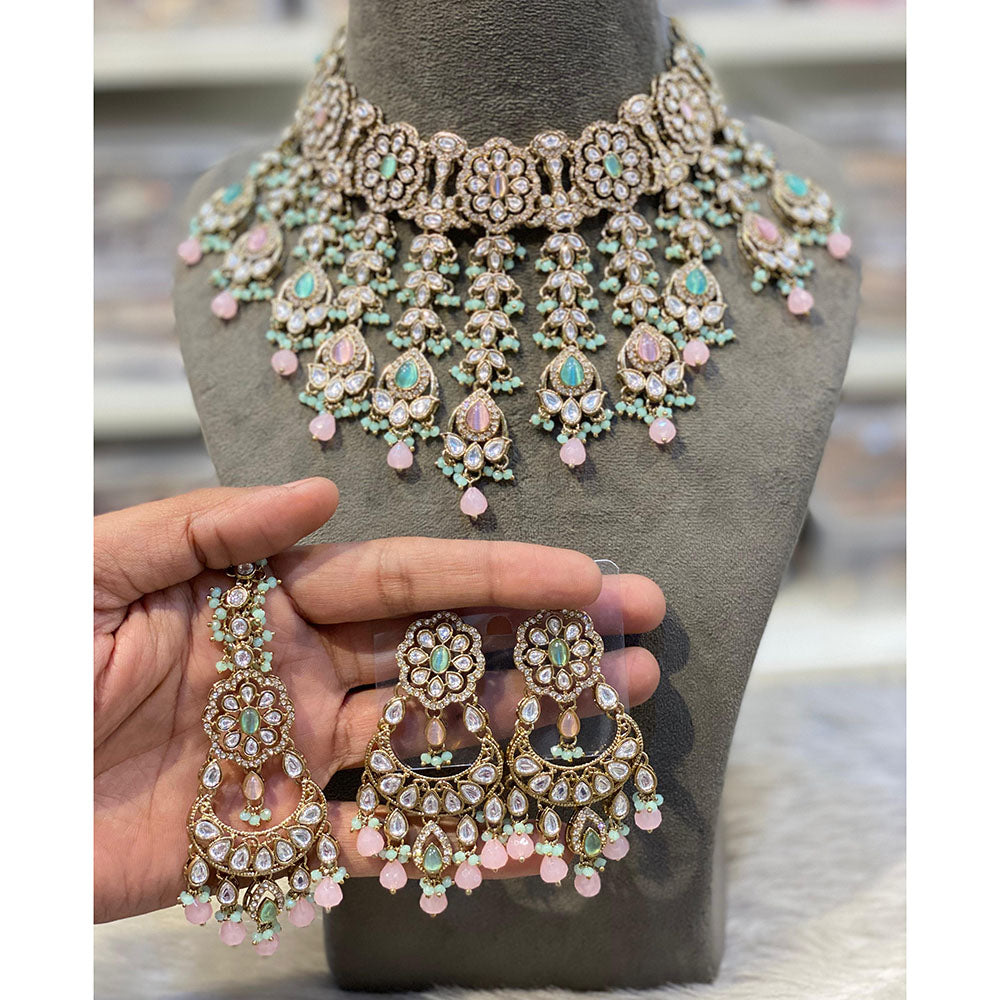 Hira Collections Elegant Pota Stone And Austrian Stone Pearl Choker Necklace Set