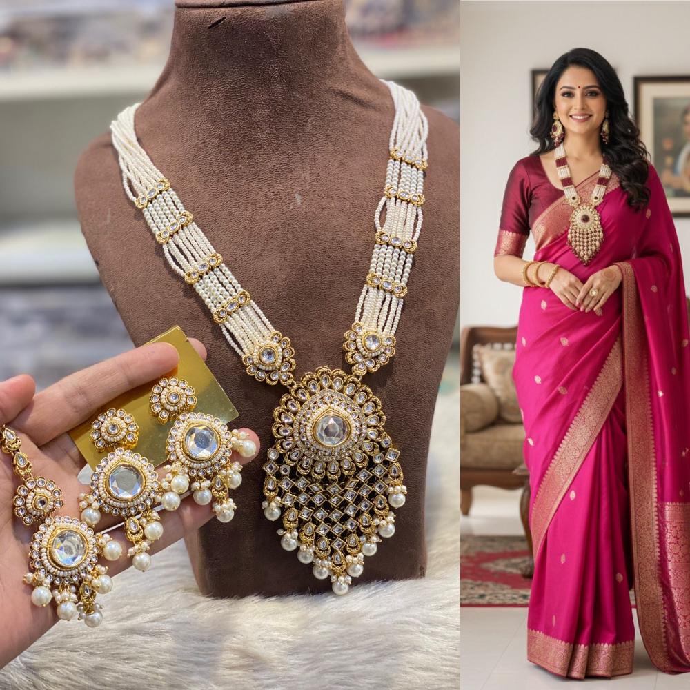 Hira Collections Elegant Kundan Stone And Austrian Stone Beads Long Necklace Set
