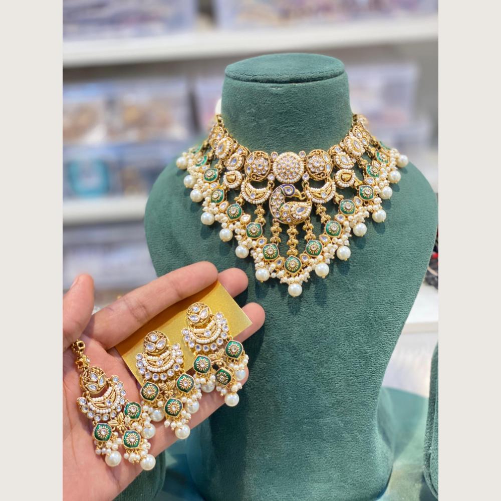Hira Collections Royal Peacock Design Kundan Stone And Beads Meenakari Necklace Set