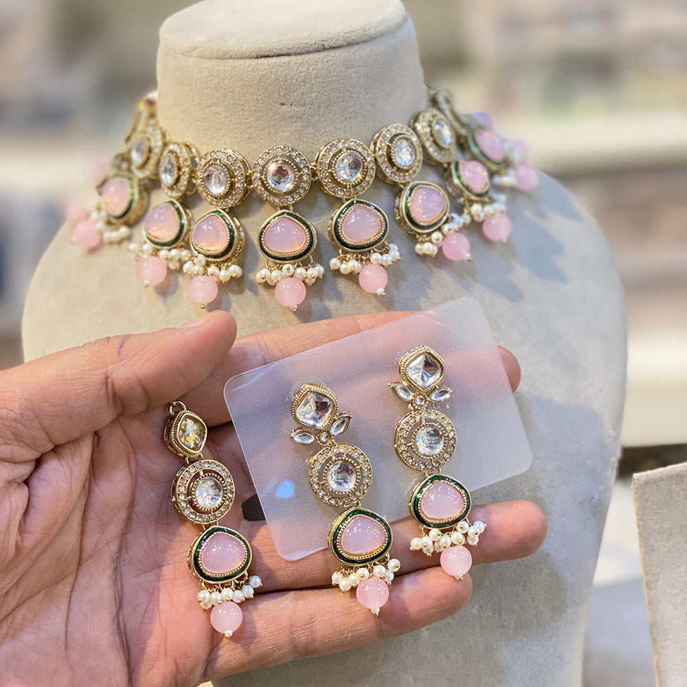 Hira Collections Glamorous Kundan And Pota Stone Pearl Choker Necklace Set