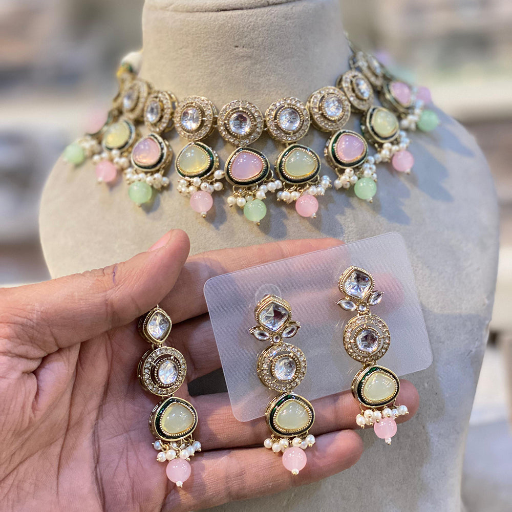 Hira Collections Glamorous Kundan And Pota Stone Pearl Choker Necklace Set