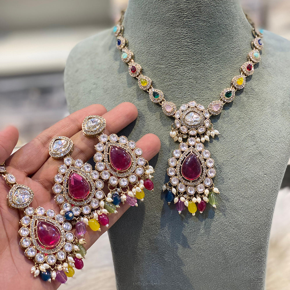 Hira Collections Grand Crystal Stone And Pearl Necklace Set