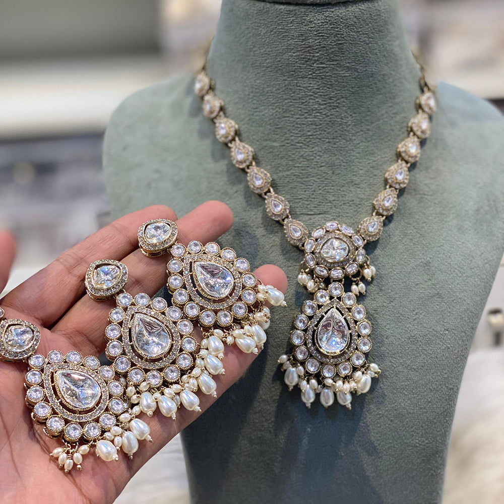 Hira Collections Grand Crystal Stone And Pearl Necklace Set