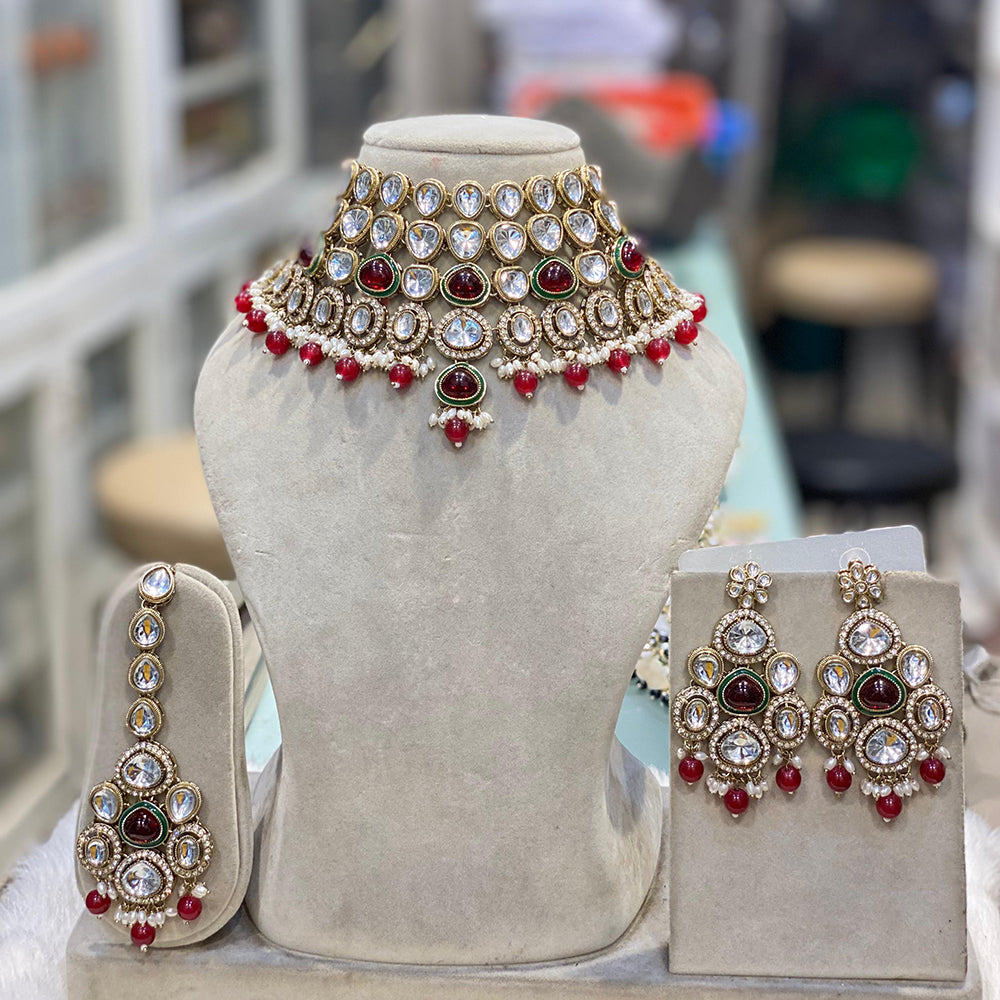 Hira Collections Glamorous Kundan And Pota Stone Pearl Choker Necklace Set