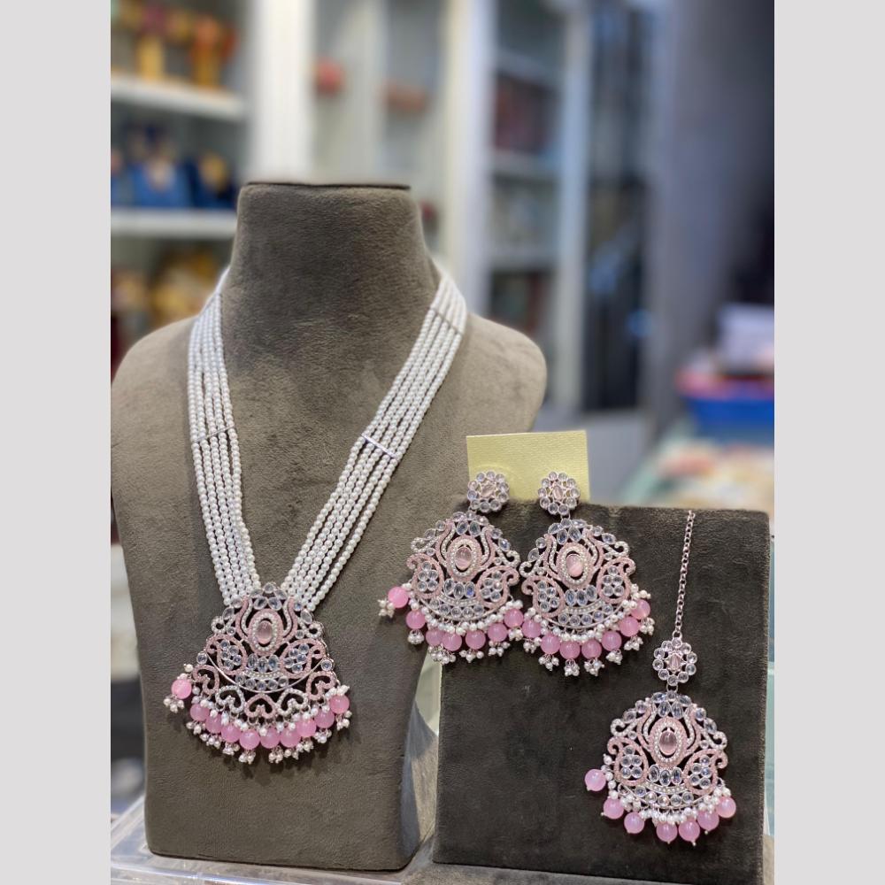 Hira Collections Elegant Crystal Stone Beads And Pearl Long Necklace Set
