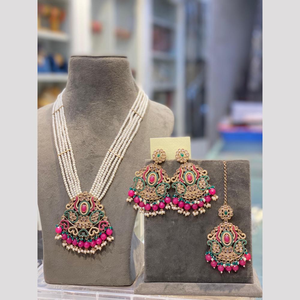 Hira Collections Elegant Crystal Stone Beads And Pearl Long Necklace Set