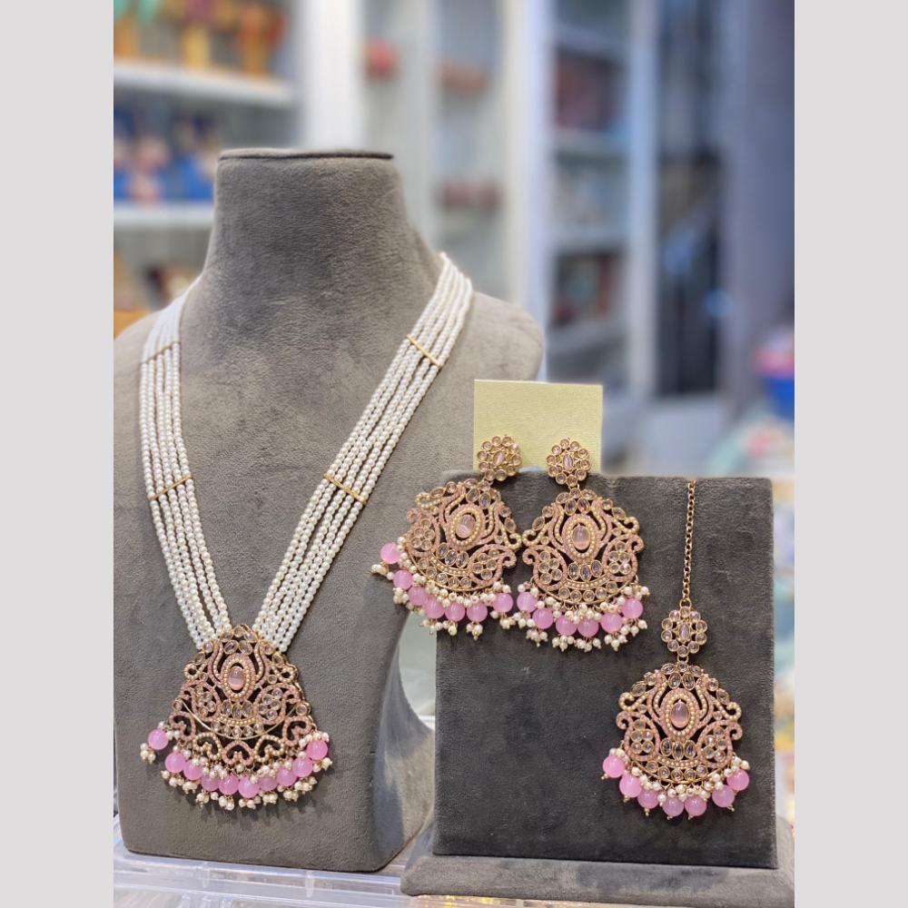 Hira Collections Elegant Crystal Stone Beads And Pearl Long Necklace Set
