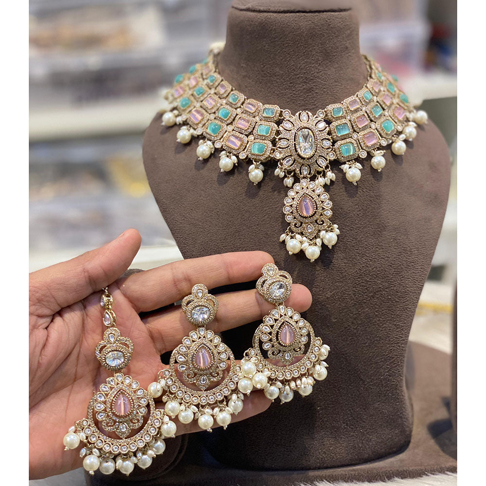 Hira Collections Heritage Style Pota Stone And Beads Choker Necklace Set
