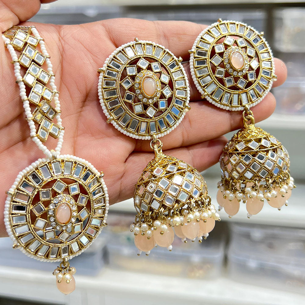 Hira Collections Designer Mirror And Beads Jhumki Earrings With Maangtikka