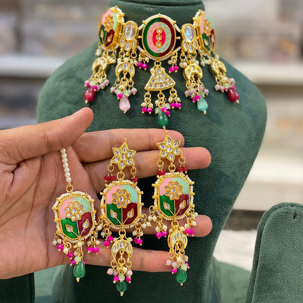 Hira Collections Traditional Kundan And Beads Meenakari Designer Choker Necklace Set