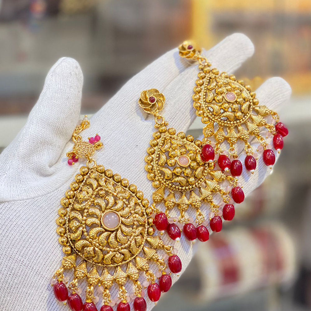 Hira Collections Royal Pota Stone And Beads Earrings With Elegant Maangtikka Set