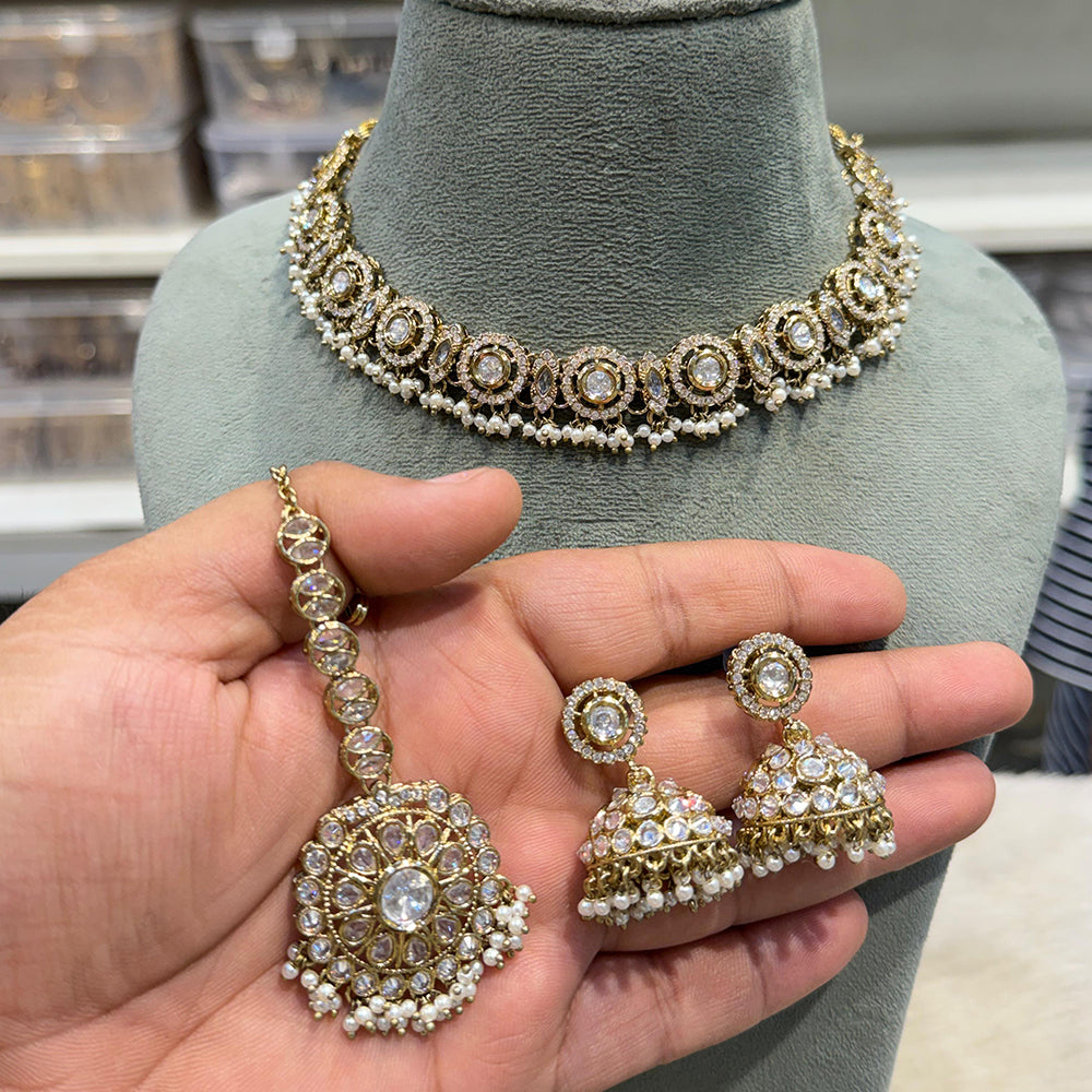 Hira Collections Traditional Crystal Stone And Pearl Necklace Set