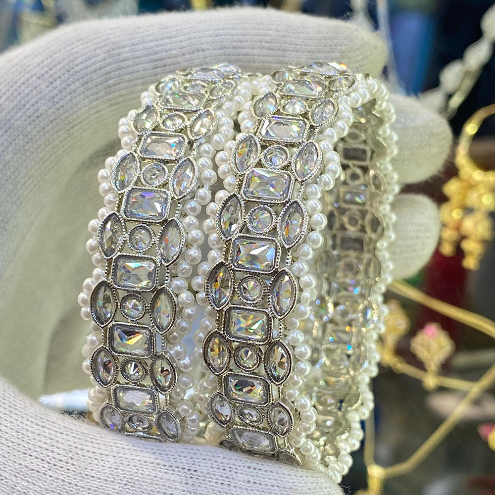 Hira Collections Crystal Stone And Austrian Stone Pearl Bangles Set