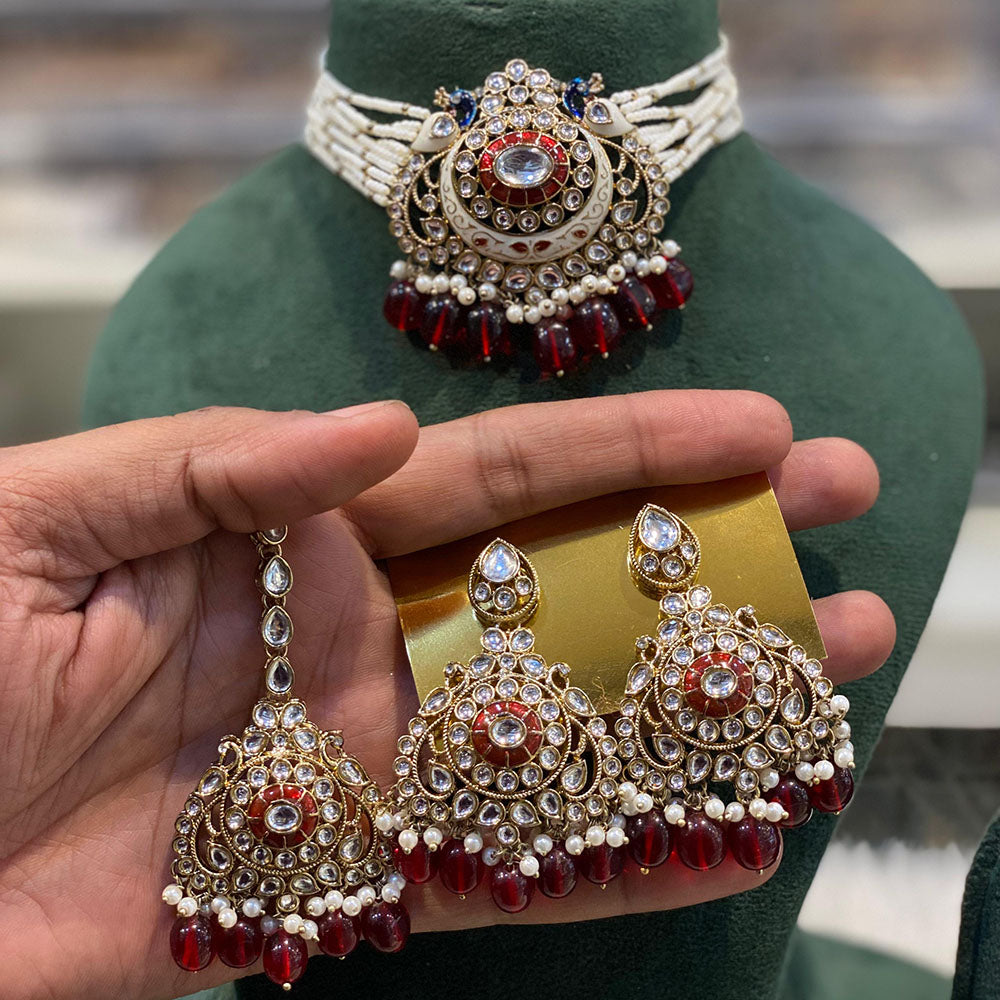 Hira Collections Luxury Kundan Stone Pearl And Beads Meenakari Choker Necklace Set