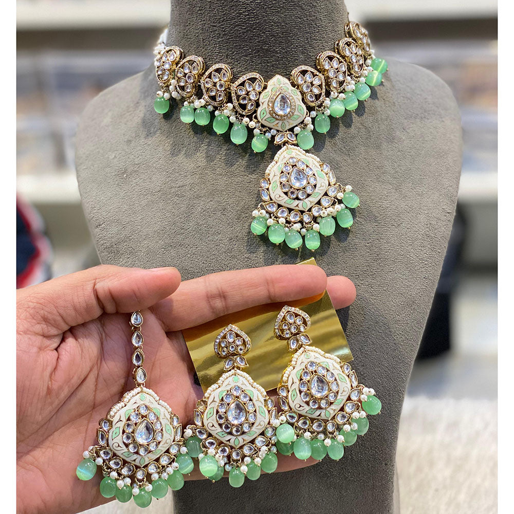 Hira Collections Luxury Kundan Stone Pearl And Beads Meenakari Choker Necklace Set