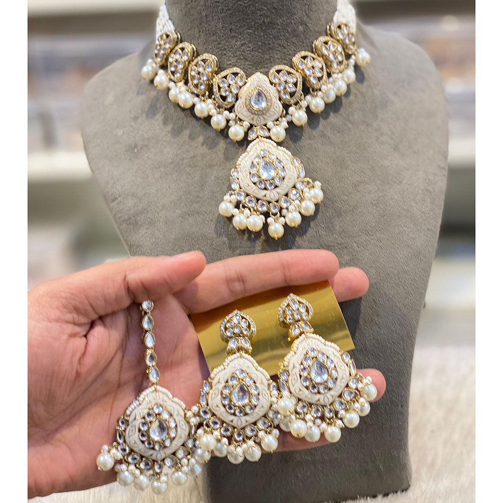 Hira Collections Luxury Kundan Stone Pearl And Beads Meenakari Choker Necklace Set