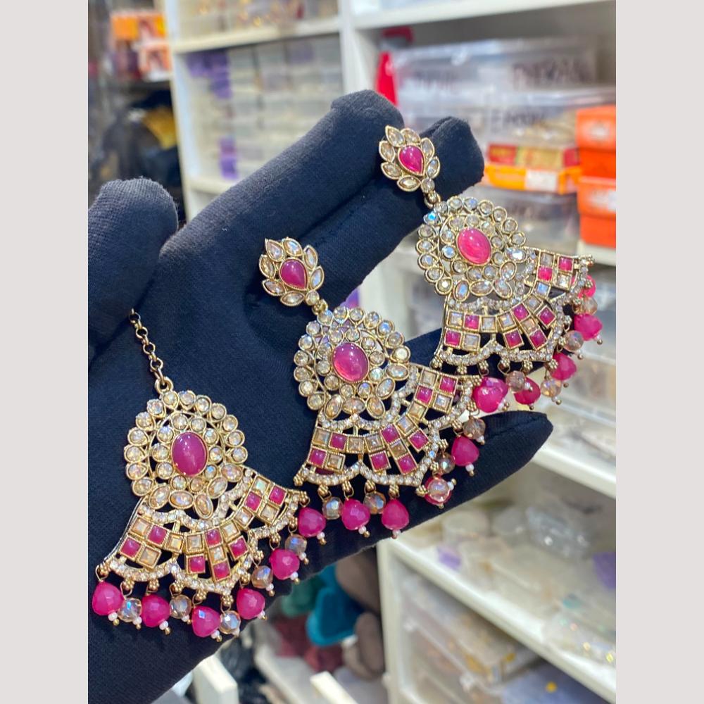Hira Collections Crystal Stone And Beads Earrings With Maang Tikka Set for Women