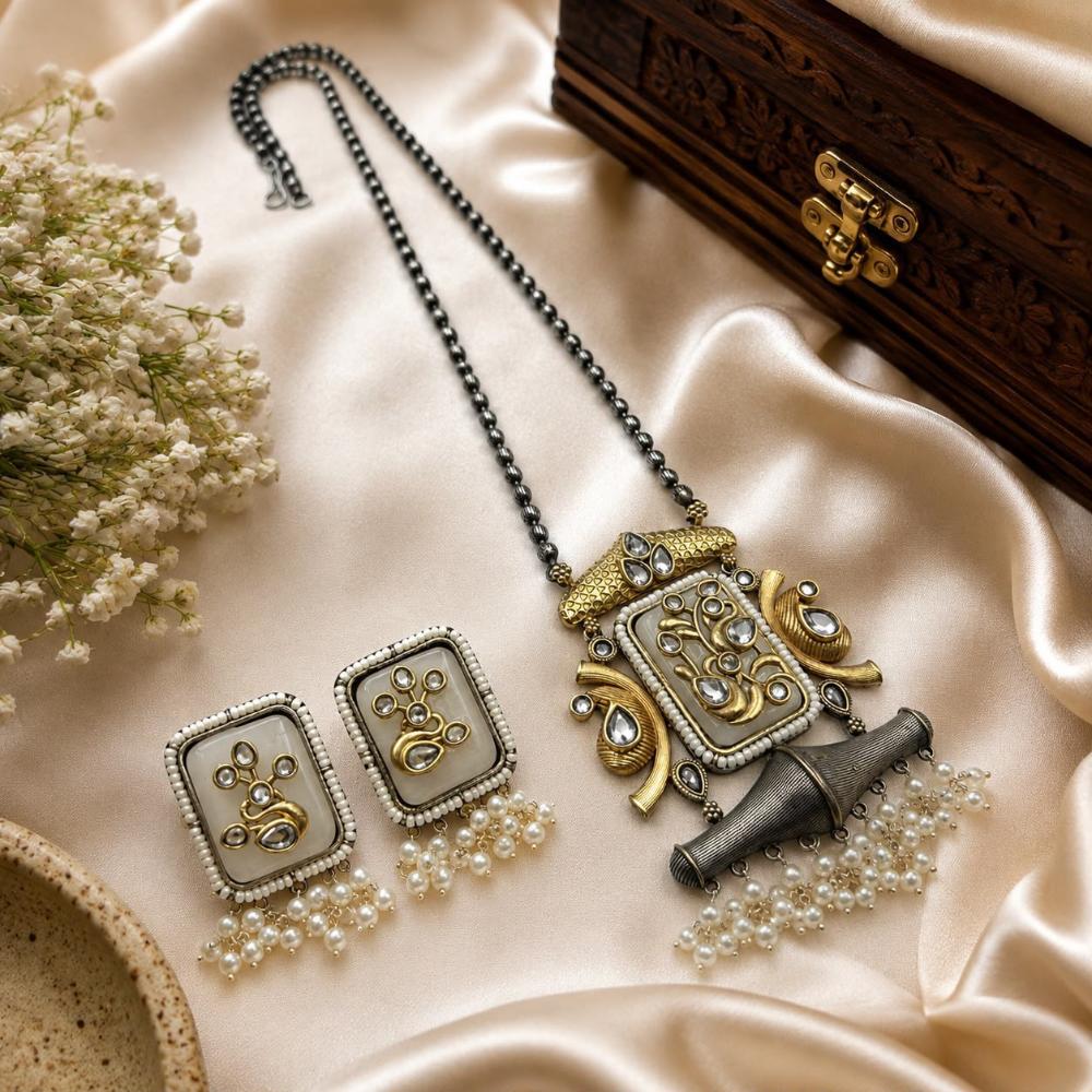Hira Collections Premium Pota Stone And Pearl Long Necklace Set for Women