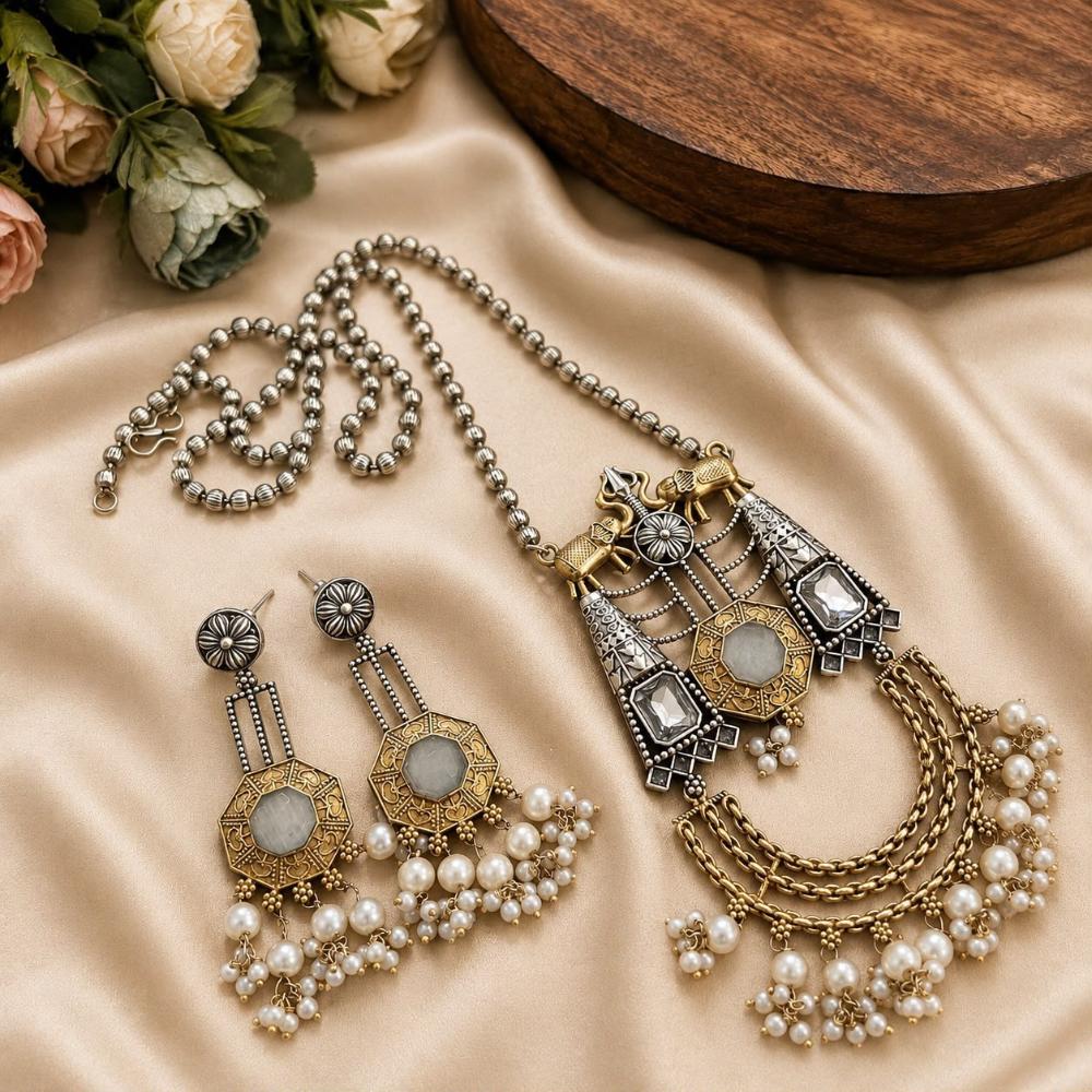 Hira Collections Exclusive 2 Tone Pota Stone Pearl Long Necklace Set for Women