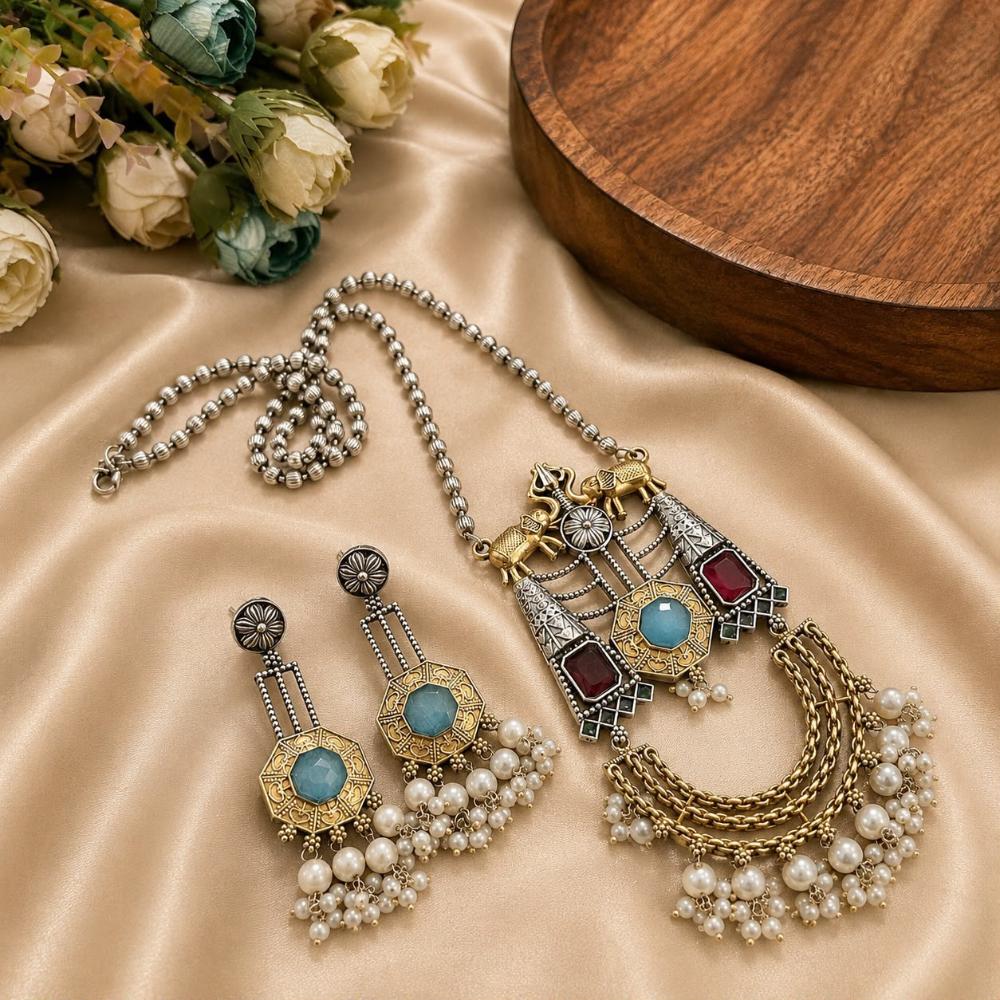Hira Collections Exclusive 2 Tone Pota Stone Pearl Long Necklace Set for Women