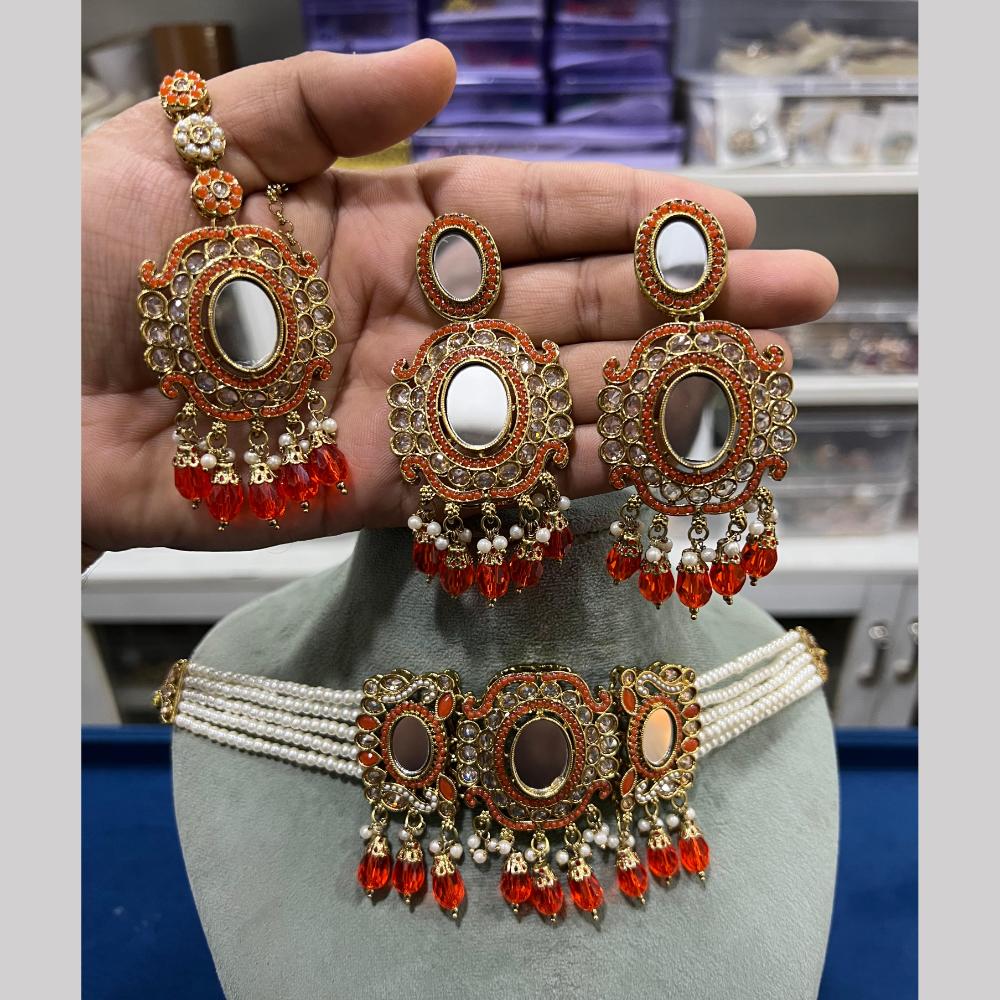 Hira Collections Royal Crystal Stone Mirror And Pearl Choker Necklace Set