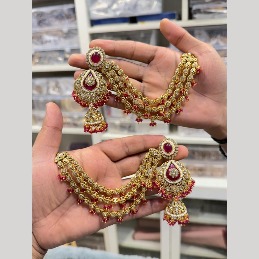 Hira Collections Heritage Kundan Stone And Pearl Kan Chian Jhumki Earrings